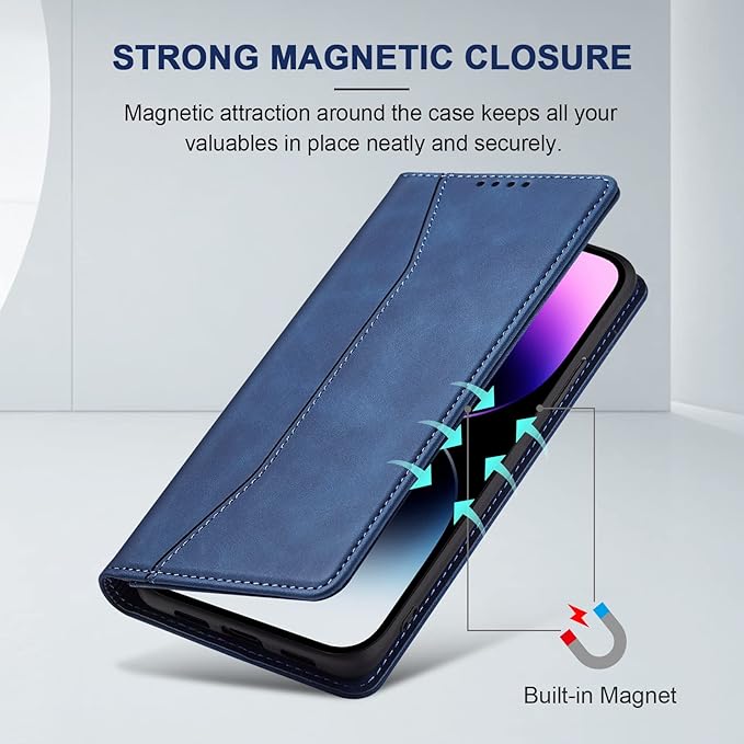 Jasonyu Flip Wallet Case for iPhone 14 Pro Max 5G,Leather Magnetic Folio Cover with Card Holder,Kickstand - TPU Shockproof Durable Protective Phone Case,Blue