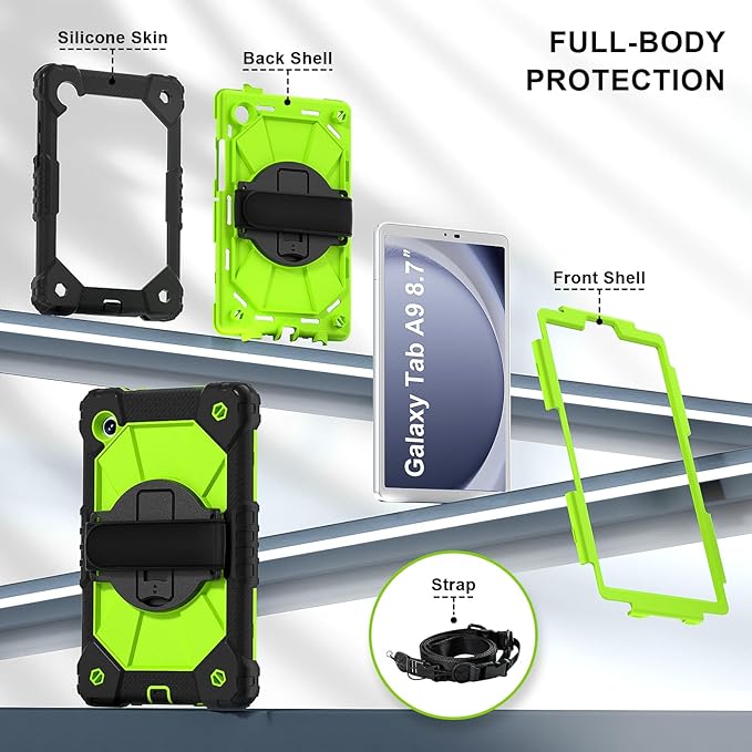 for Samsung Galaxy Tab A9 Case 8.7 inch (SM-X110/X115/X117), Heavy Duty Shockproof Silicone Cover Rugged 360 Stand Hand Shoulder Strap for Galaxy A9 Tablet,Black+Olivine