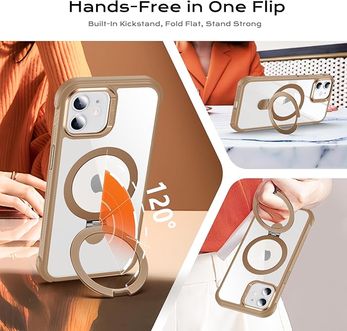 Anqrp O-Ring Magnetic Kickstand Clear Case for iPhone 12/12 Pro, Compatible with Mag-Safe, Military-Grade Reinforced 4-Corners Anti-Yellowing Transparent Phone Case Cover for iPhone 12/12 Pro, Gold