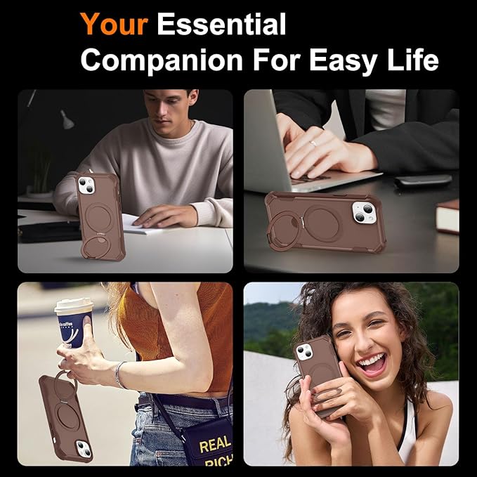 Compatible with iPhone 13 Case & iPhone 14 Case with Invisible Magnetic Ring Stand [Compatible with Magnetic] [Military Drop Protection] Shockproof Slim Hard Back Soft Edge 6.1 Inch, Khaki