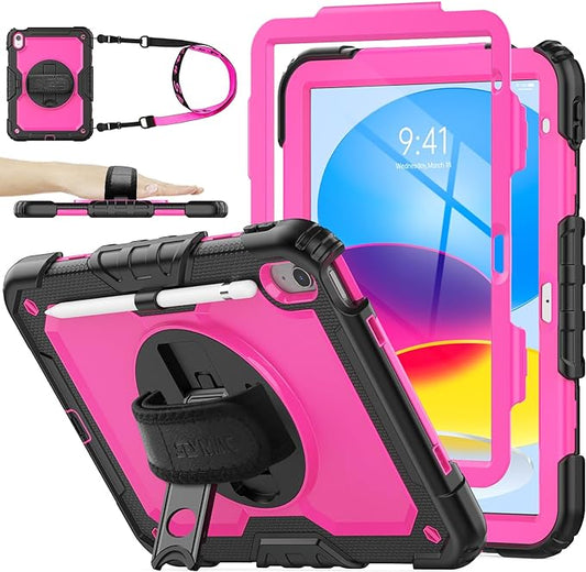 SEYMAC stock Case for iPad (A16) 11th/10th Generation 11''/10.9'' 2025/2022, Full-Body Drop Protection Case with Screen Protector &360° Rotate Hand Strap/Stand, Pink+Black