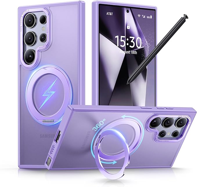 QTlier Phone case for Galaxy S24 Ultra- 360 Rotatable Magnetic Ring Stand, Military-Grade Protection, Raised Camera Frame Lilac