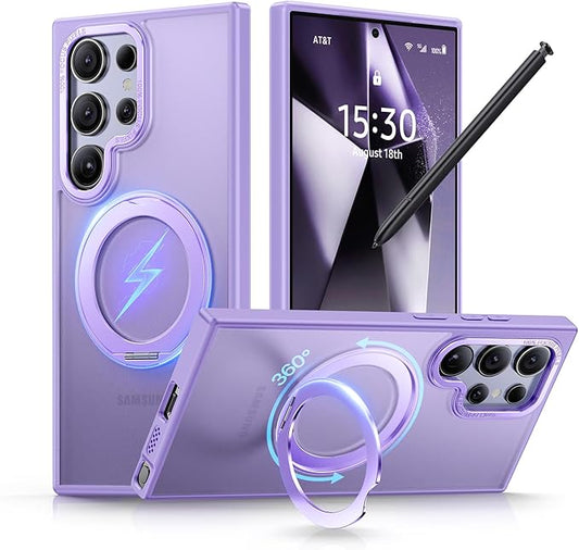 QTlier Phone case for Galaxy S24 Ultra- 360 Rotatable Magnetic Ring Stand, Military-Grade Protection, Raised Camera Frame Lilac