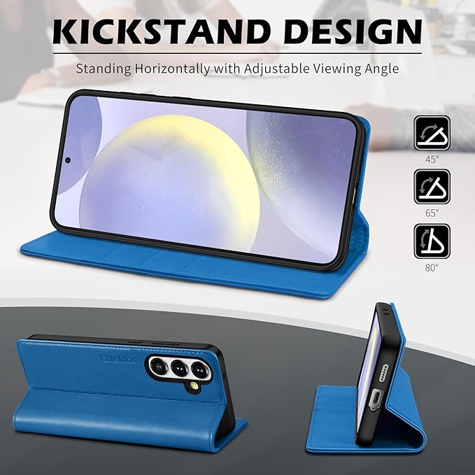 SHIELDON Case for Galaxy S25 6.2", Genuine Leather Wallet RFID Blocking Credit Card Holder Kickstand Magnetic Shock Absorbing Protective Case Compatible with Galaxy S25 2025 - Nappa Sapphire Blue