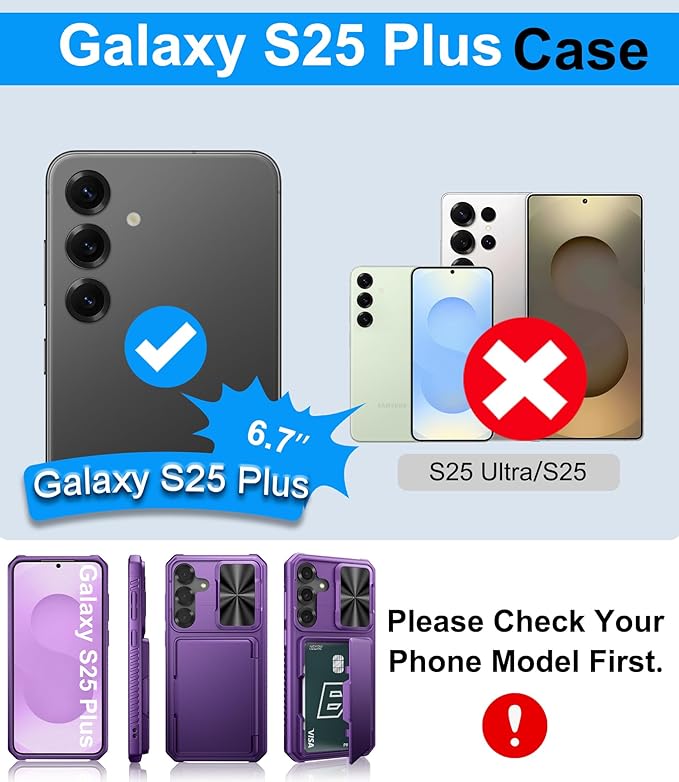 for Samsung Galaxy S25+ Plus Wallet Case, Card Holder (4-5 Cards), RFID Block, Slide Lens Cover, Military Grade Drop, Rugged Heavy Duty Men Women Phone Case for Samsung Galaxy S25 Plus, Purple