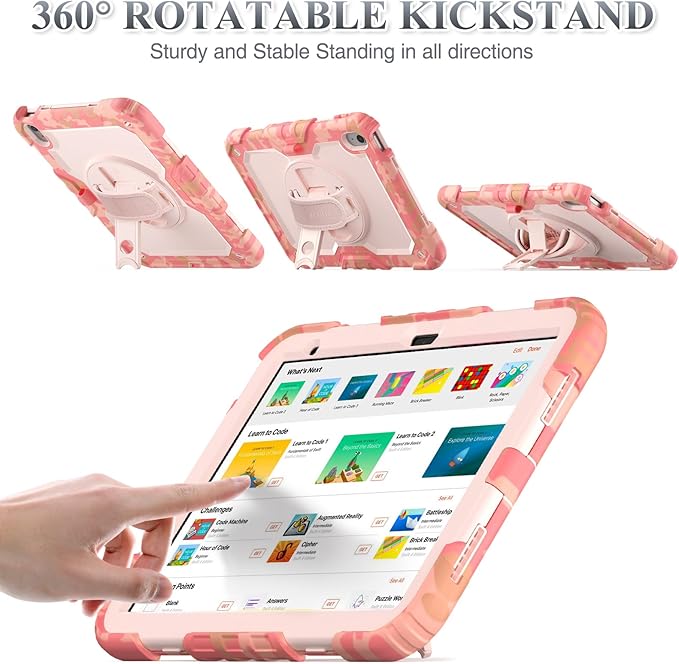 SEYMAC stock Case for iPad (A16) 11th/10th Generation 11''/10.9'' 2025/2022, Full-Body Drop Protection Case with Screen Protector &360° Rotate Hand Strap/Stand, Camo Pink