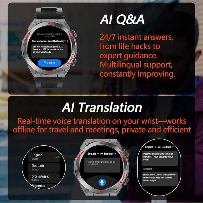 Military Smart Watch for Men With AI Q&A (Answer/Make Call/SMS Reply), 1.52" HD Smartwatch for Android Phones/iPhone, 100+ Sport Mode Fitness Tracker with HR, SpO2, Sleep Monitor, IP68 Waterproof