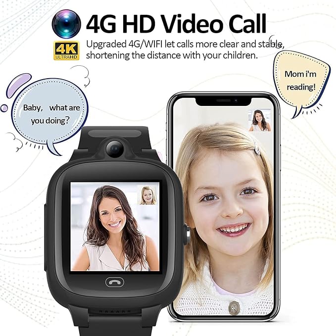 Kids Elderly 4G GPS Smart Watch Global Version Waterproof Real-Time Tracking Phone Video Call and Text SOS Emergency Alarm Voice Message Camera Geo-Fence Pedometer Anti-Lost GPS Tracker Birthday