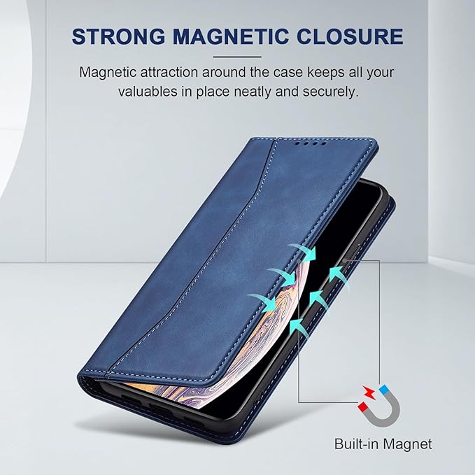 Jasonyu Flip Wallet Case for iPhone Xs Max,Leather Magnetic Folio Cover with Card Holder,Kickstand - TPU Shockproof Durable Protective Phone Case,Blue