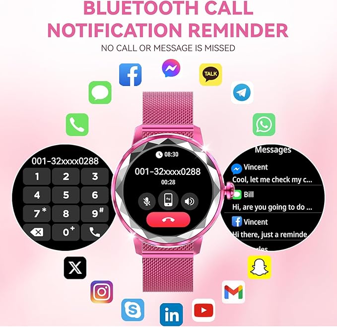 Smart Watch for Women with Make/Answer Call, 1.2" Adjustable Fitness Watch with Heart Rate Sleep Monitor Female Cycle and 100+ Sports Modes (W02-Rose Pink)