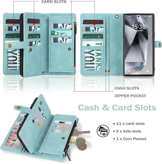 TwoHead for Samsung Galaxy S24 Ultra Wallet Case with Card Holder, Detachable Magnetic Phone Case for S24 Ultra,PU Leather All-Round Protective Phone Case Wallet with Wrist Strap,Blue