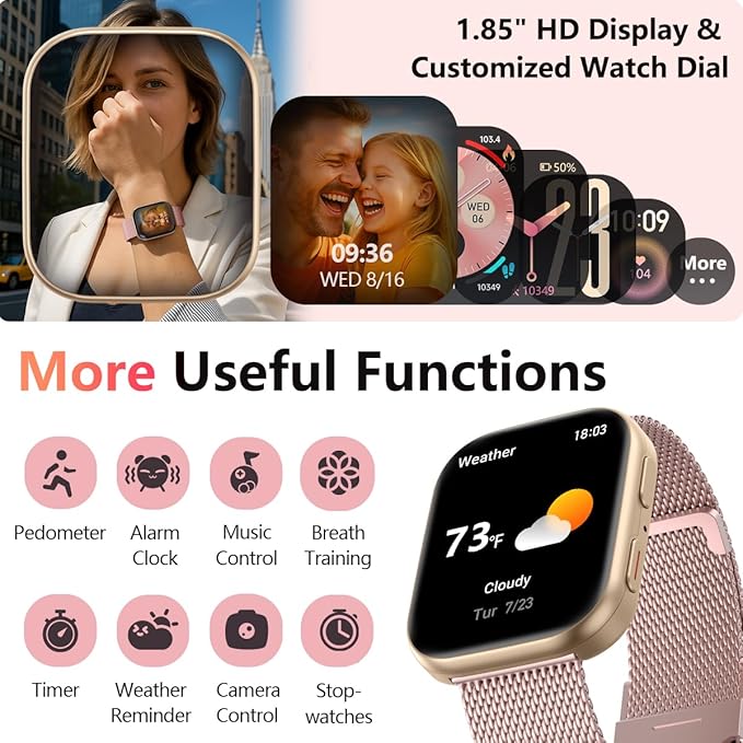 MorePro Smart Watches for Women iPhone Android(Answer/Make Call), 2025 Health Smartwatch with Heart Rate/Blood Pressure/Blood Oxy-gen/Sleep Monitor, 1.85" HD Fitness Trackers with 120+ Sport Modes