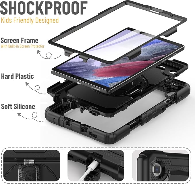 HXCASEAC Case for Samsung Galaxy Tab A7 Lite, Protective with Screen Protector/Hand Strap/Pen Holder, Sturdy A7 Lite Tablet Case, SM-T220 SM-T225 SM-T227, Black