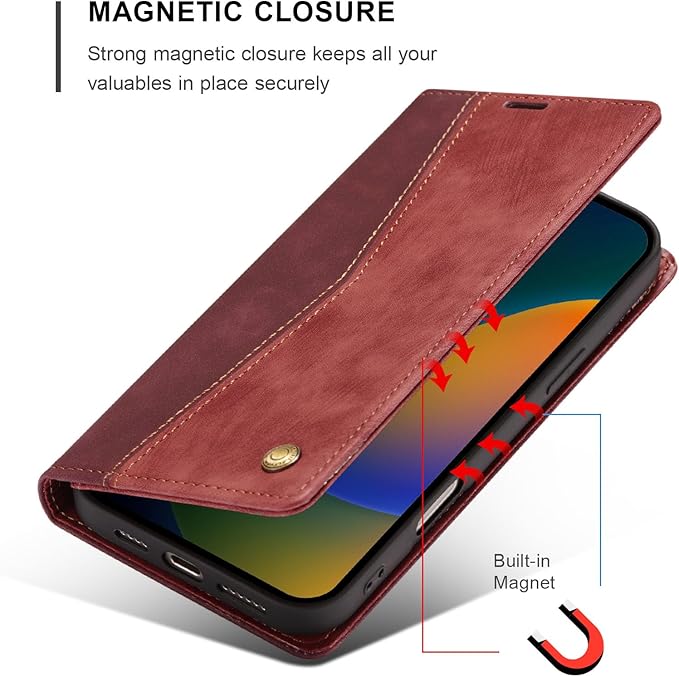 QLTYPRI for iPhone 16 Pro Case Wallet with Card Holder, Vintage PU Leather Kickstand Magnetic Closure Shockproof Folio Book Cover Case for iPhone 16 Pro - Retro Wine Red