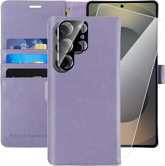 MONASAY Wallet Case Fit for Samsung Galaxy S25 Ultra 6.9 inch, [Lens & Glass Screen Protector Included] [RFID Blocking] Flip Folio Leather Cell Phone Cover with Credit Card Holder, Lavenders