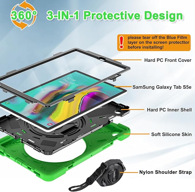 BRAECNstock for Samsung Galaxy Tab S5e Case 10.5 inch 2019 (SM-T720/T725/T727) Shockproof Protective Galaxy Tab S5e Kids Cover with Screen Protector Rotating Stand & Hand Strap Pencil Holder - Green