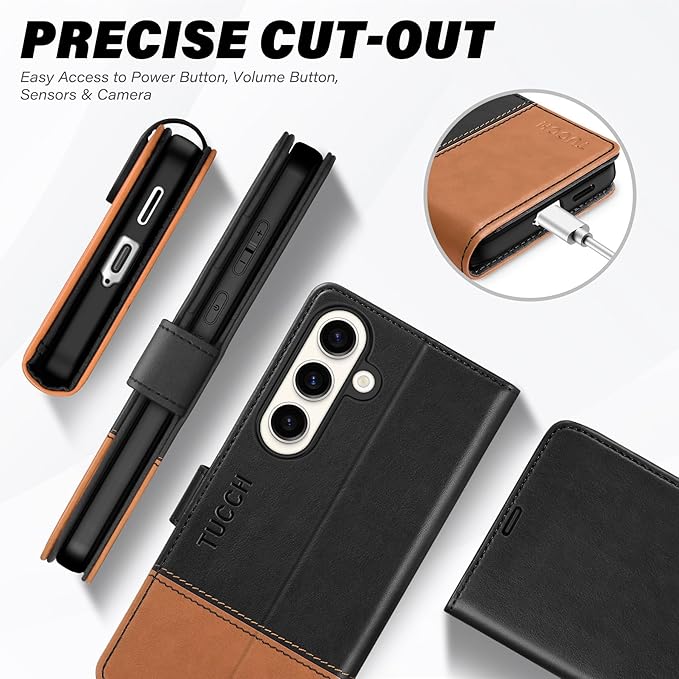 TUCCH Wallet Case for Galaxy S25 FE 5G, Magnetic PU Leather Stand [RFID Blocking] 4 Card Slots Folio Protective Cover with TPU Shockproof Inner Shell (6.7") 2025, Black & Brown