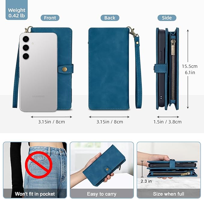TwoHead for Samsung Galaxy S24 Wallet Case with Card Holder,Detachable Magnetic Phone Case for Galaxy S24,PU Leather Shockproof Protective Phone Cover Wallet with Wrist Strap(6.1 in,Navy Blue)