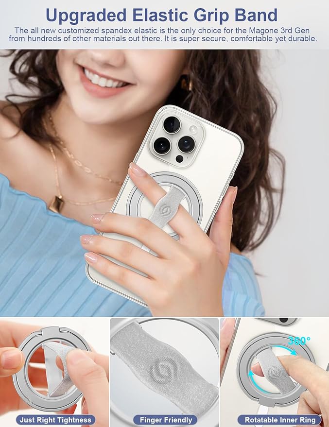 EWA MagOne 3rd Gen [Compatible with MagSafe] Phone Grip Stand with Finger Strap, Removable Magnetic Ring Holder Kickstand Loop for iPhone 16,15, 14, 13, 12 Series-(Silver)