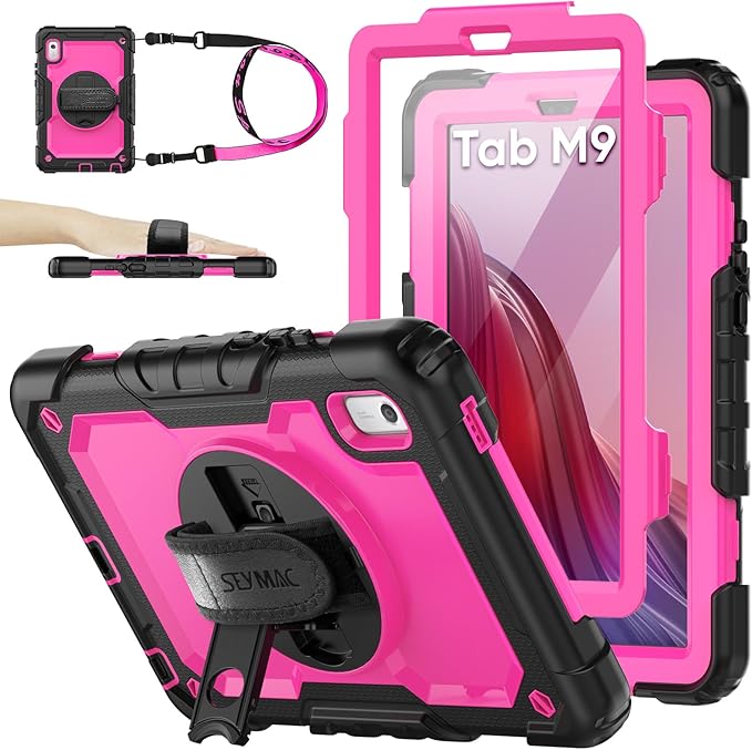 SEYMAC stock Case for Lenovo Tab M9 (TB-310FU) 2023 with Screen Protector, Drop-Proof Protection Cover with 360° Rotating Stand &Strap [Pen Holder] Case for Lenovo Tab M9 9'' (Pink+Black)