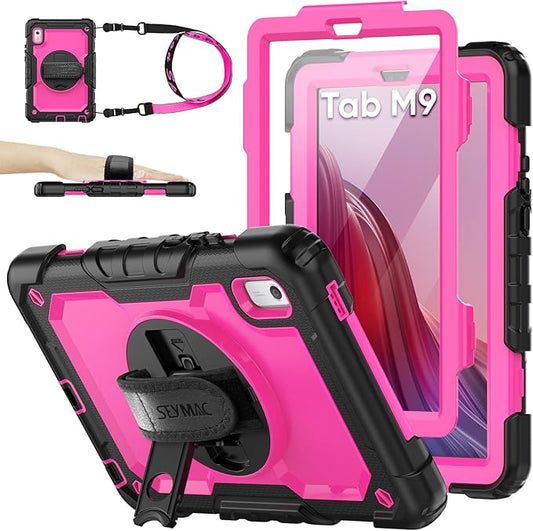 SEYMAC stock Case for Lenovo Tab M9 (TB-310FU) 2023 with Screen Protector, Drop-Proof Protection Cover with 360° Rotating Stand &Strap [Pen Holder] Case for Lenovo Tab M9 9'' (Pink+Black)