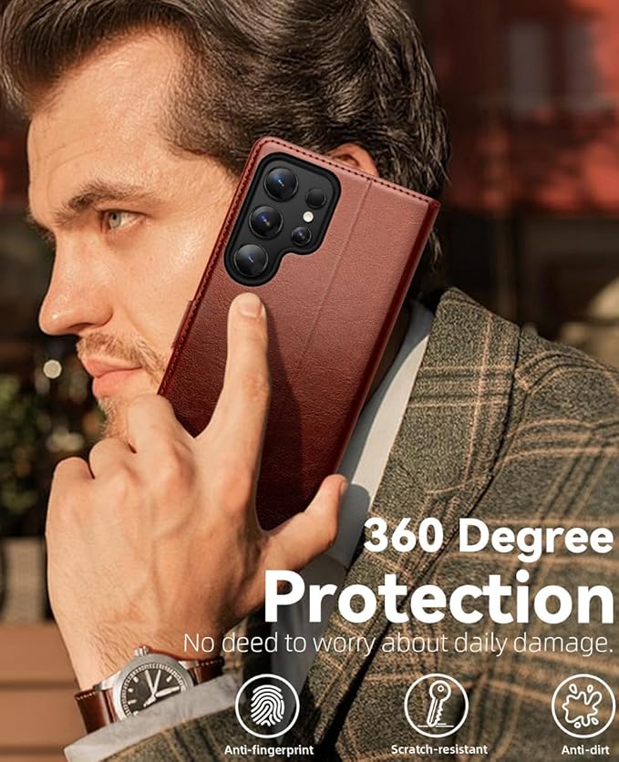 OCASE Compatible with Galaxy S25 Ultra Wallet Case, PU Leather Flip Folio Case with Card Holders RFID Blocking Kickstand [Shockproof TPU Inner Shell] Protective Phone Cover 2025, Dark Brown