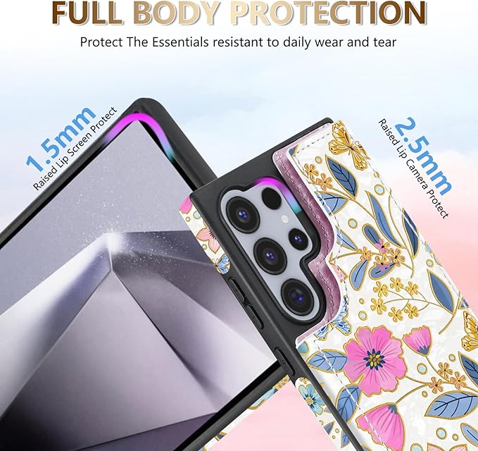 NNH Compatible with Samsung Galaxy S25 Ultra Wallet Case with RFID Blocking Card Slots Flip PU Leather Kickstand Double Magnetic Clasp Design Cover for Galaxy S25 Ultra(6.8 inch-Butterfly Flowers)
