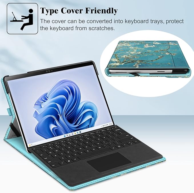 Fintie Case for 13 Inch Microsoft Surface Pro 11/10/9 - Multiple Angle Viewing Portfolio Business Cover with Pocket & Stylus Holder, Compatible with Type Cover Keyboard, Blossom