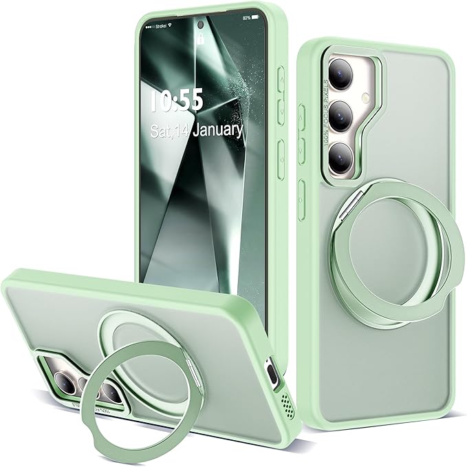 Compatible with Samsung Galaxy S24 Plus Case with 360Rotatable Magnetic Ring Stand Compatible with Mag-Safe Military Protection Matte Translucent Phone Case for Galaxy S24+,Green