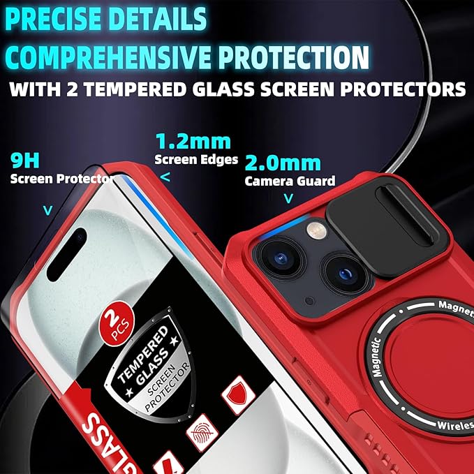 for iPhone 15 Case Magnetic Compatible with MagSafe Wireless Charging,with 2 Screen Protectors,for 15 Case Built-in Kickstand+Camera Cover Anti-Scratch Shockproof Heavy Duty Protection Red