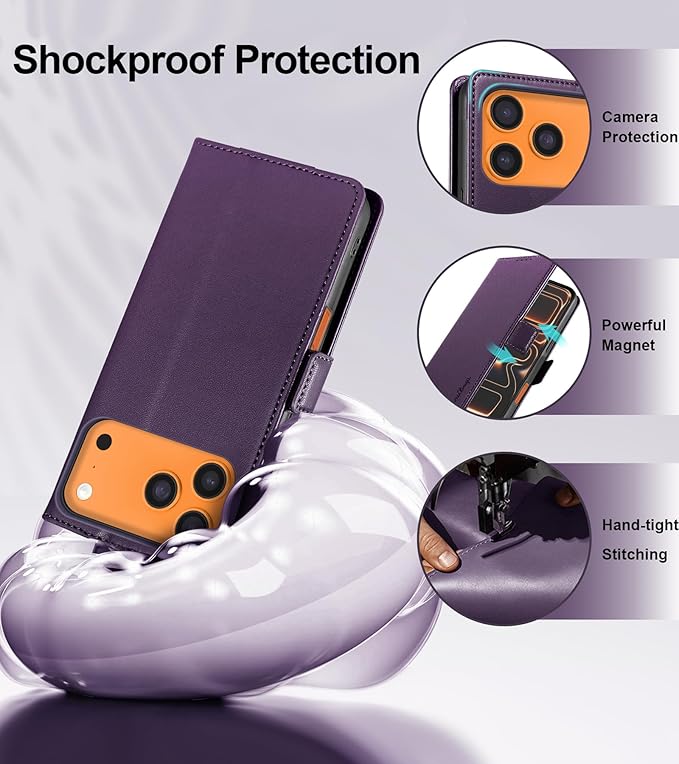 Wallet Flip Case for iPhone 17 Pro Max 5G - [RFID Blocking] Luxury PU Leather Card Holder Magnetic Phone Cover with Kickstand,Shockproof Protective Case,Purple