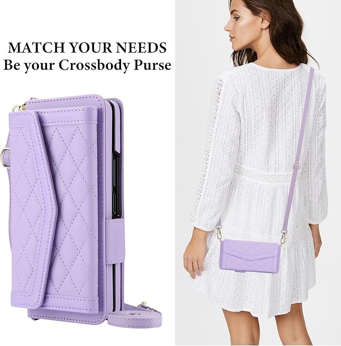 for Samsung Galaxy Z Fold 7 Wallet Case - Stitching Pattern RFID Blocking Card Holder, S Pen Slot Crossbody Strap, Full Body Protection Flip Cover for Women Purple