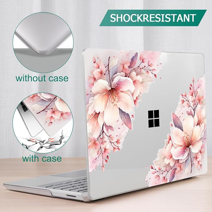 Tuiklol Case for 12.4 Inch Microsoft Surface Laptop Go 3/2 / 1 2023-2020 Releases, Plastic Hard Shell Case with Screen Protector and Keyborad Cover +Dust Plugs Model 2013/1943,Pink Big Flower