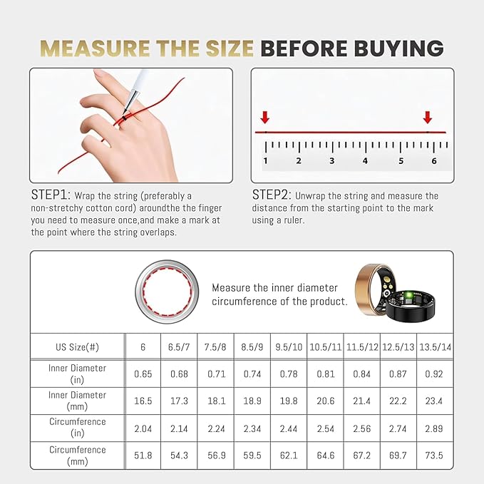 Smart Ring for Women Men, Health Tracker with Heart Rate/Blood Oxygen/Blood Pressure/Sleep Monitor/Step Counting, IP68 Waterproof Fitness Ring, No App Fees for iPhone & Android (Black, 14#)