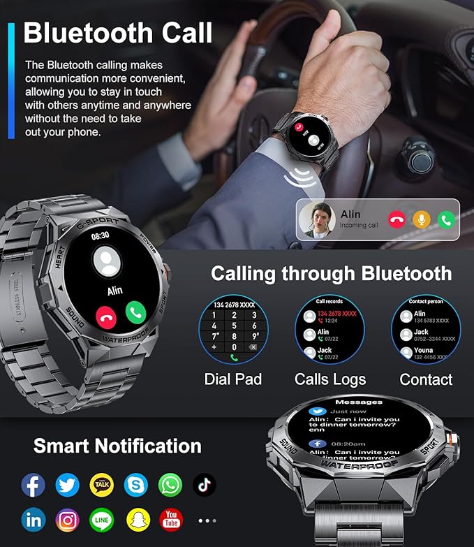 LIGE Smart Watch for Men(Bluetooh Call),1.43" Always on Display Military Smartwatch for Android iOS with 400mAH,120+ Sports Modes,Heart Rate/Blood Pressure Tracker,Multifunction Smart Watch