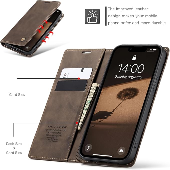 QLTYPRI Case for iPhone 16e, Vintage PU Leather Wallet Case Card Slot Kickstand Magnetic Closure Shockproof Flip Folio Cover for iPhone 16e - Coffee Brown