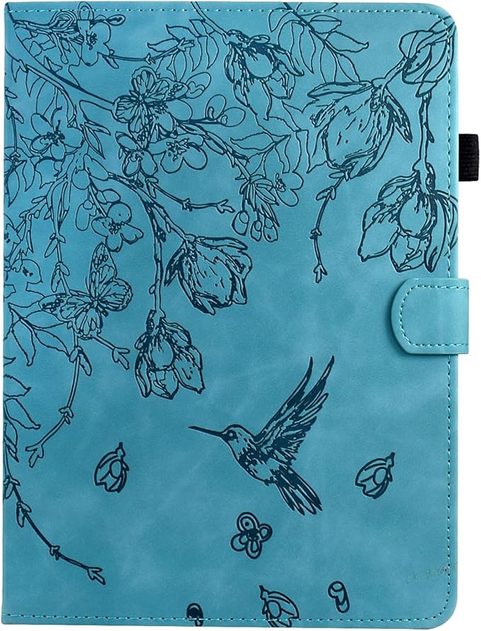 KEROM Case for Samsung Galaxy Tab A9+ Plus 11 Inch 2024 2023 (SM-X210/X216/X218), Embossed Suede Leather Folio Stand Cover with Auto Wake/Sleep & Card Slot & Pen Holder - Blue Bird Flower Embossing