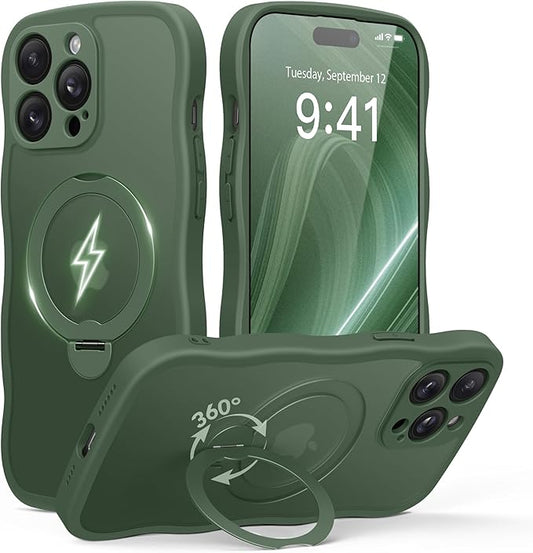 GolbinBox for iPhone 14 Pro Max Case for Women,[Compatible with Magsafe][360° Spin Magnetic Stand][Cute Wave Edge][Military-Grade Protection] Translucent Matte Phone Case for iPhone 14 ProMax, Green