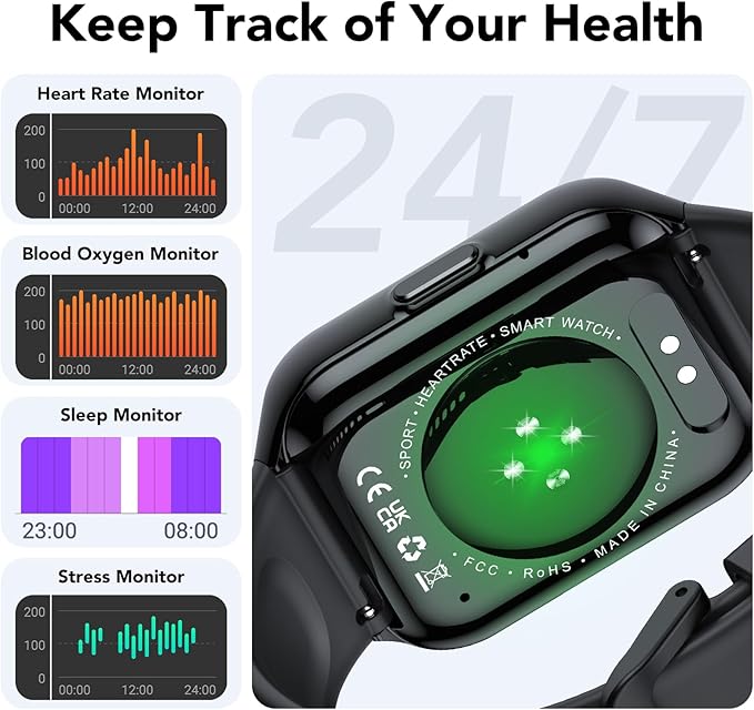 Smart Watch for Men Women, 1.96" HD Fitness Watch with Bluetooth Call, Smartwatch with 112+ Sport Modes/Heart Rate/Sleep Monitor/Pedometer, IP68 Waterproof Watch Compatible with Android/iOS, Black