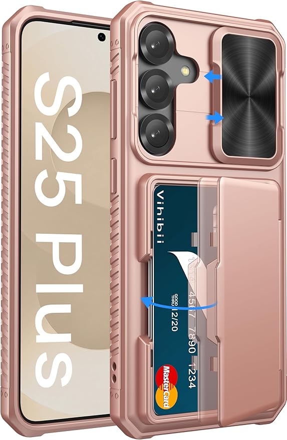 Vihibii for Samsung Galaxy S25+ Plus Case with Card Holder (4 Cards), [RFID Blocking] & Slide Camera Cover, Military Grade Drop Protection, Rugged Wallet Case for Galaxy S25+ Plus 6.7" 5g, Rose Gold