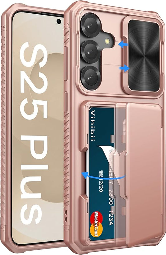 Vihibii for Samsung Galaxy S25+ Plus Case with Card Holder (4 Cards), [RFID Blocking] & Slide Camera Cover, Military Grade Drop Protection, Rugged Wallet Case for Galaxy S25+ Plus 6.7" 5g, Rose Gold