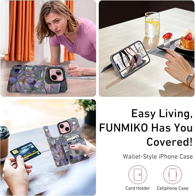 FUNMIKO for iPhone 14 Plus Wallet Case with Card Holder, RFID-Blocking, Military-Grade Protection & UV-Printed Artwork, Magnetic Closure with Leather Kickstand - Dreamy Lotus