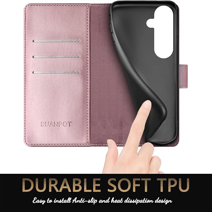 SUANPOT Compatible with Samsung Galaxy S25 FE 5G Wallet case with RFID Blocking Credit Card Holder,Flip Book PU Leather Protective Cover Men Women for Samsung S25 FE case Rose Gold