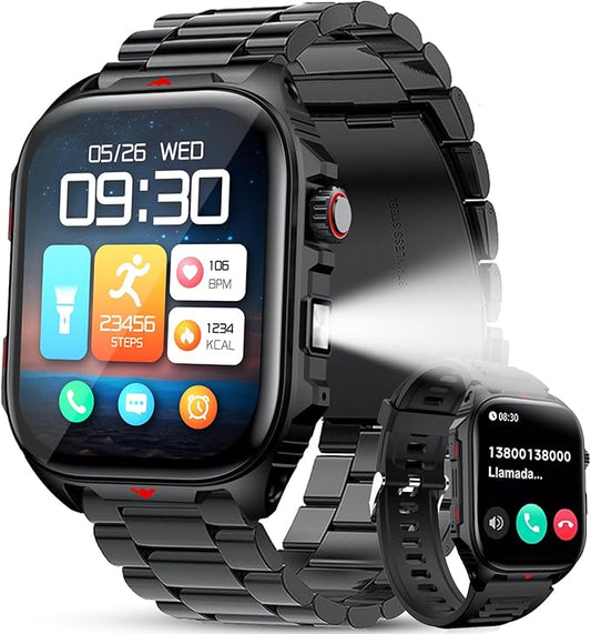 Smart Watch Sport Military for Men, Smartwatch Bluetooth Answer/Dial Call 2.01" Large Screen Outdoor 100 Sports Fitness Tracker Male 400 mAh Large Battery Flashlight Two Straps for Android/ios