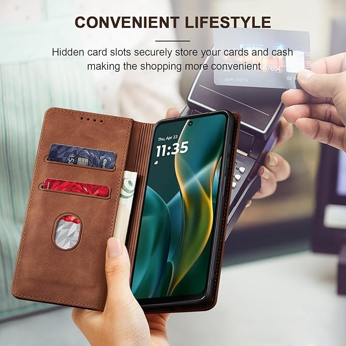 Jasonyu Flip Wallet Case for Moto G 5G (2025),Leather Magnetic Folio Cover with Card Holder,Kickstand - TPU Shockproof Durable Protective Phone Case,Brown