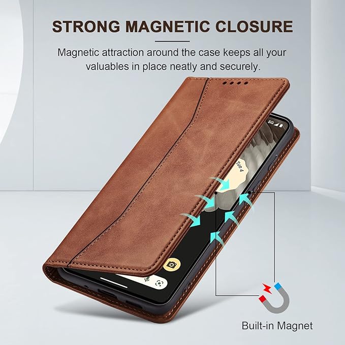 Jasonyu Flip Wallet Case for Google Pixel 7 Pro 5G,Leather Magnetic Folio Cover with Card Holder,Kickstand - TPU Shockproof Durable Protective Phone Case,Brown
