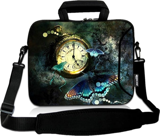RICHEN 14 15 15.4 15.6 inch Laptop Shoulder Bag Messenger Bag Notebook Handle Sleeve Neoprene Carrying Case with Accessories pocket (14-15.6 inch, Clock & Butterfly)