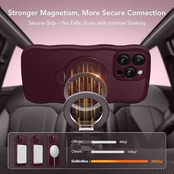 GolbinBox for iPhone 13 Pro Case for Women,[Compatible with Magsafe][360° Spin Magnetic Stand][Cute Wave Edge][Military-Grade Protection] Translucent Matte Phone Case for iPhone 13 Pro, Wine Red