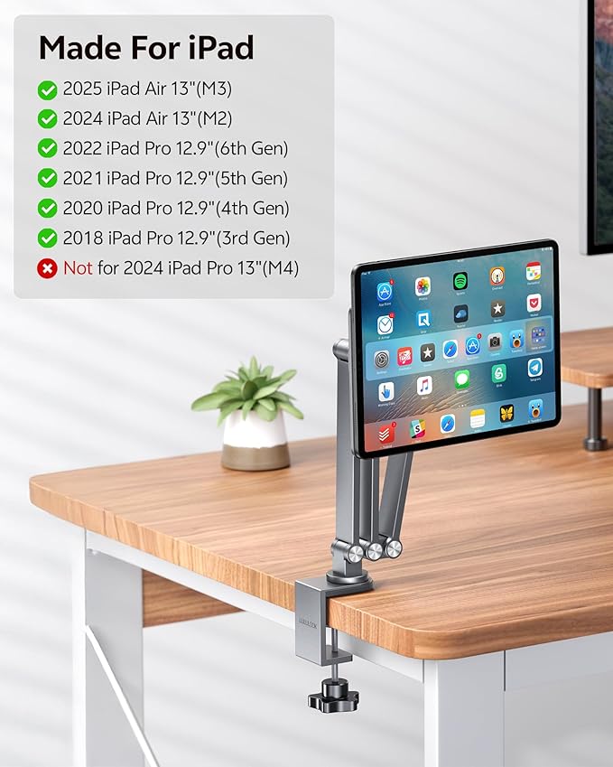 [Upgrade] Magnetic Wireless Charging Stand for iPad Pro 12.9" Gen3-6 / Air 13" M3/M2, Rock Steady iPad Stand for Desk with Foldable Aluminum Alloy Arm, Adjustable Tablet Mount with 2M Braided Cable