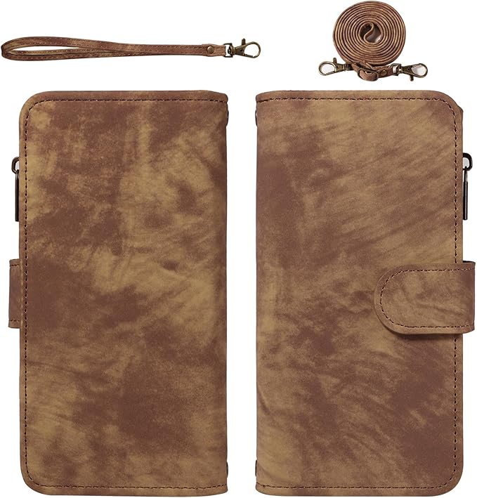 Asuwish Phone Case for iPhone 15 6.1 inch Zipper Wallet Magnetic Cell Cover with Tempered Glass Screen Protector Crossbody Strap Flip Credit Card Holder iPhone15 5G i i-Phone i15 15Case Women Brown